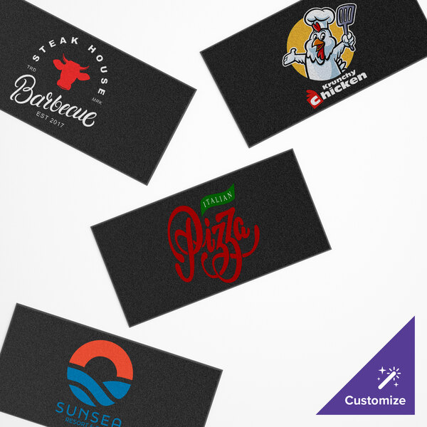 A customizable black entrance mat featuring various colorful business logos, suitable for indoor or outdoor use.