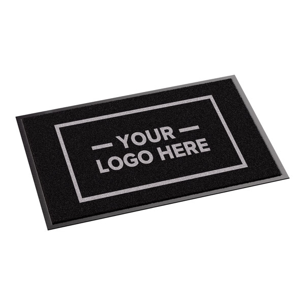 A rectangular black entrance mat with customizable logo space, designed for indoor or outdoor use.