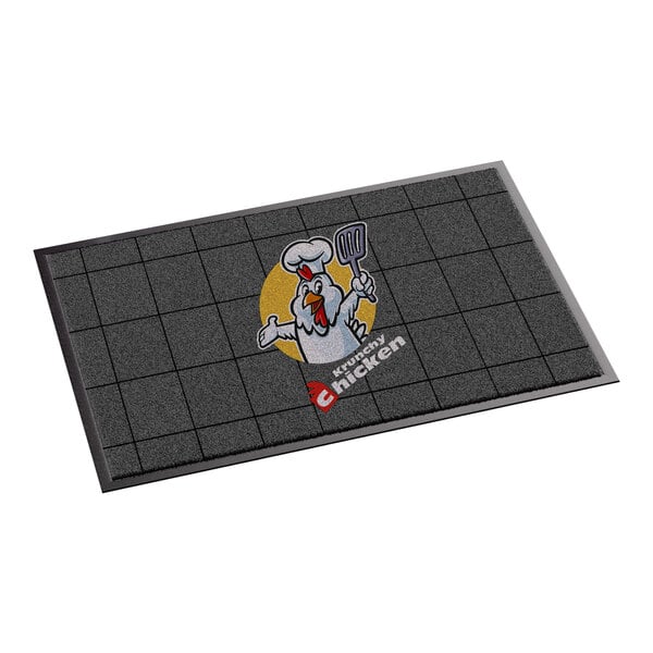 A rectangular customizable entrance mat with a cartoon chicken chef design and grid pattern, suitable for indoor or outdoor use.