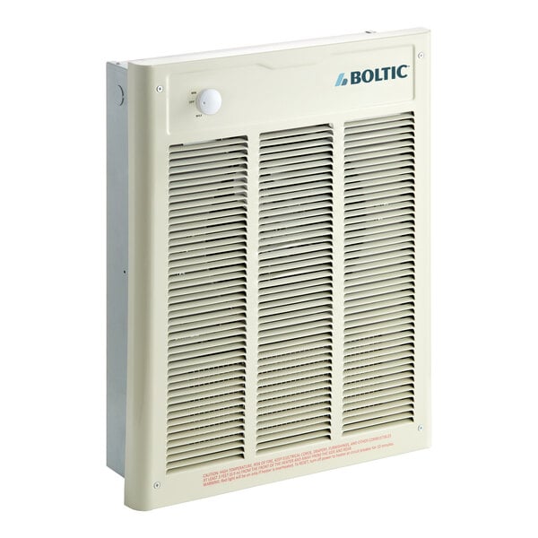 A Boltic steel electric fan-forced wall heater with a vented front panel and control knob.