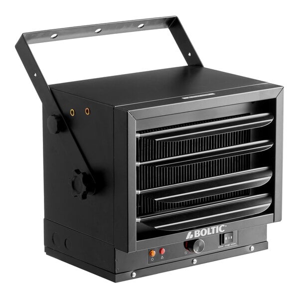 A black Boltic electric garage or unit heater with adjustable front vents and a mounting bracket.