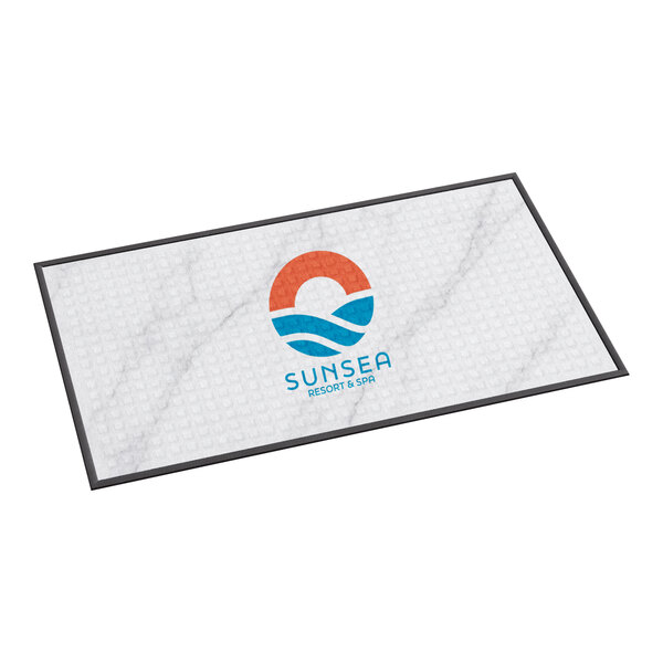 A rectangular, customizable waffle-patterned entrance mat with a water absorbent surface and a printed logo, suitable for indoor or outdoor use.