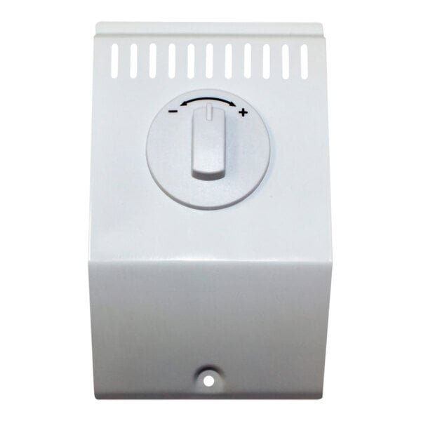 A white box with a white knob and a black arrow dial.
