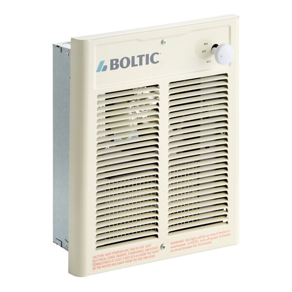 A cream-colored Boltic steel electric fan-forced wall heater with a front vent and adjustable control knob.