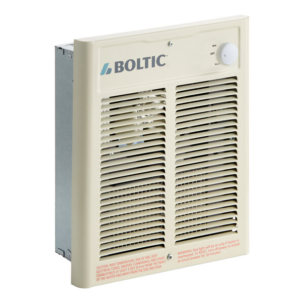 A beige Boltic steel electric fan-forced wall heater with a front grille and control knob.