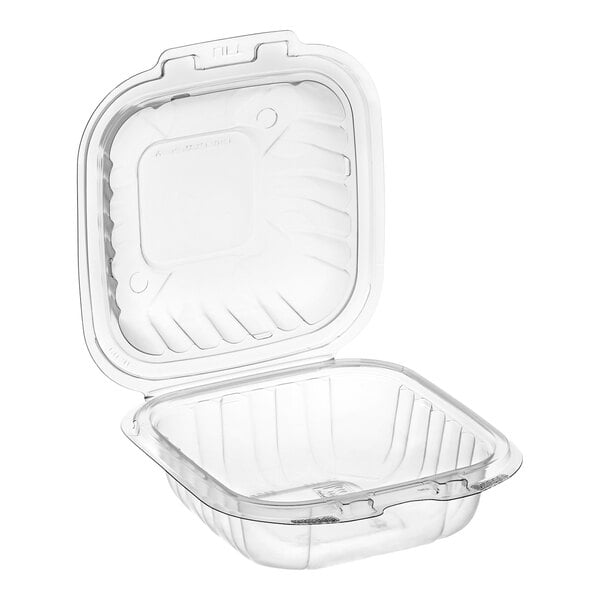 A Dart clear plastic hinged take-out container with the lid open.