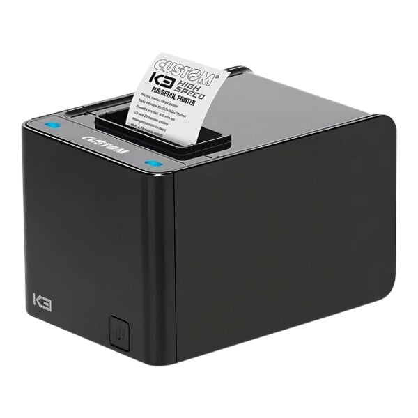 A black Custom America high-speed thermal receipt printer with a receipt in it.