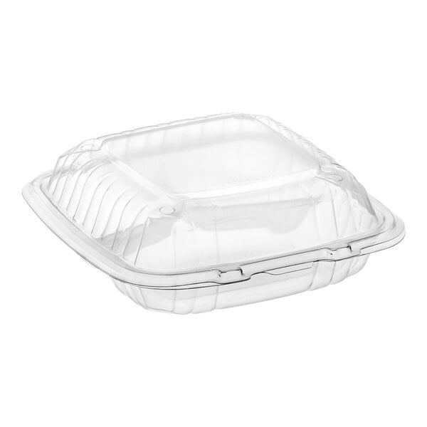 A Dart clear plastic hinged container with a clear lid.