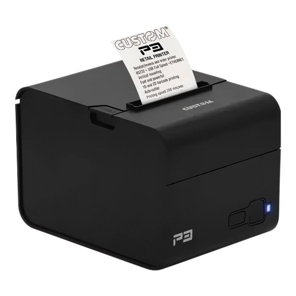A black Custom America P3 thermal receipt printer with a piece of paper in it.