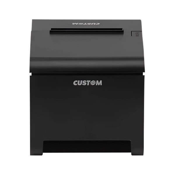 A black Custom America P3 thermal receipt printer on a table.