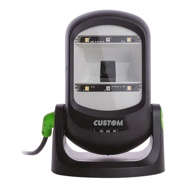 A desktop presentation barcode scanner with a black and green design.
