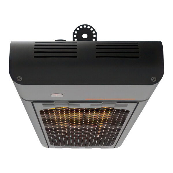 A black and grey GHOST infrared patio heater with a red light.