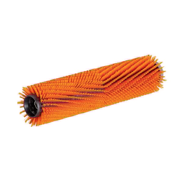 An orange cylindrical scrub brush with black bristles.