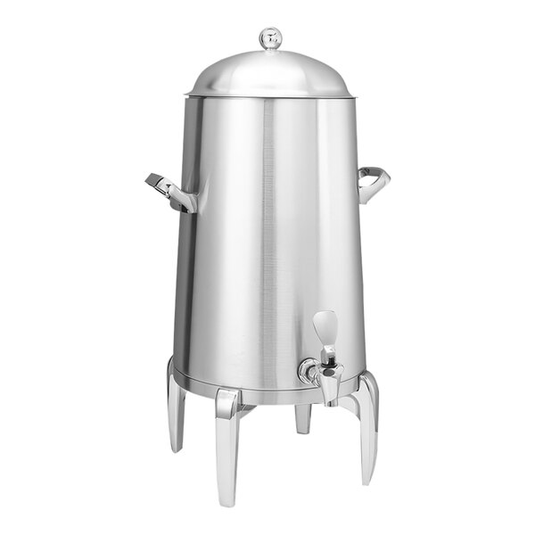 A modern brushed stainless steel Service Ideas Flame Free Thermo-Urn coffee chafer urn with a lid.