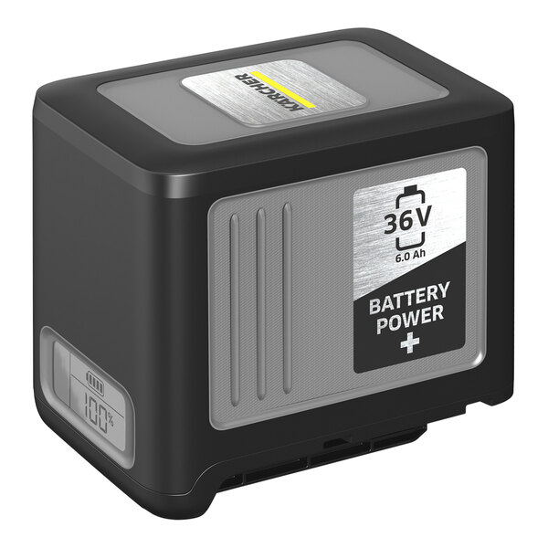A black and silver Karcher Battery Power+ 36V Lithium-Ion battery pack with the battery power indicator.