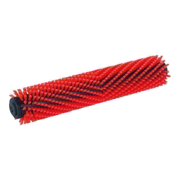 A close-up of a red and black Karcher cylindrical scrub brush.