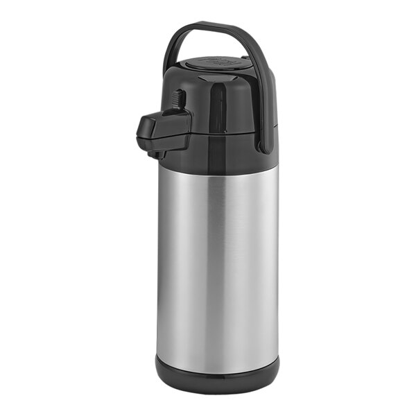 A stainless steel Service Ideas Eco-Air airpot with black and silver accents.