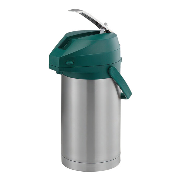 A Service Ideas stainless steel airpot with a green lever and top.