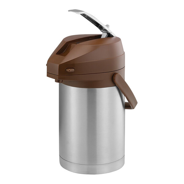 A stainless steel airpot with brown accents.