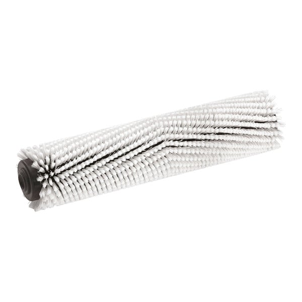 A close-up of a white Karcher cylindrical scrub brush with black bristles.