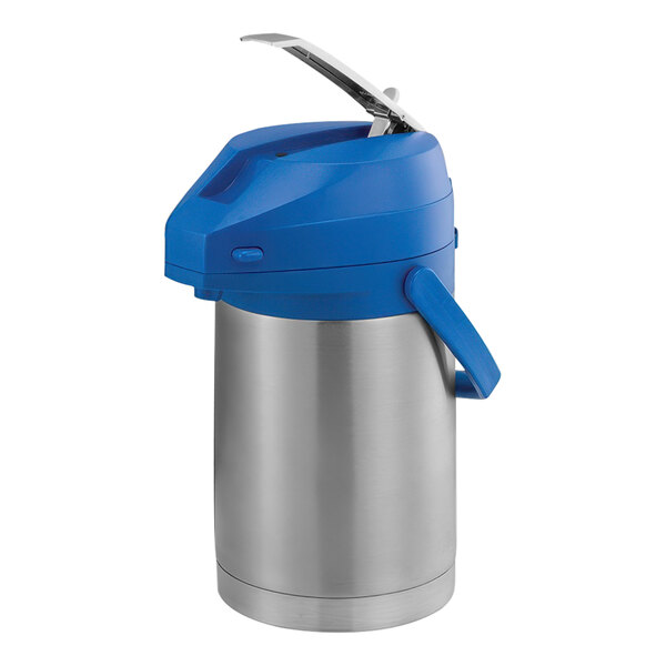 A stainless steel Service Ideas airpot with a blue lid.