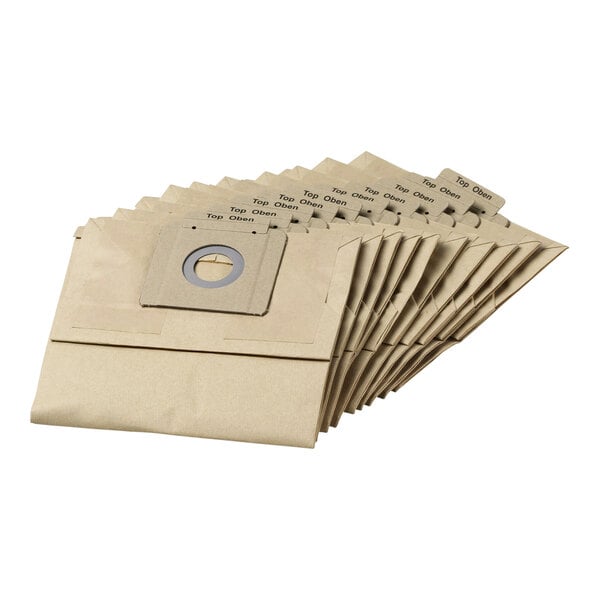 A stack of brown Karcher paper bags with a hole in the center.