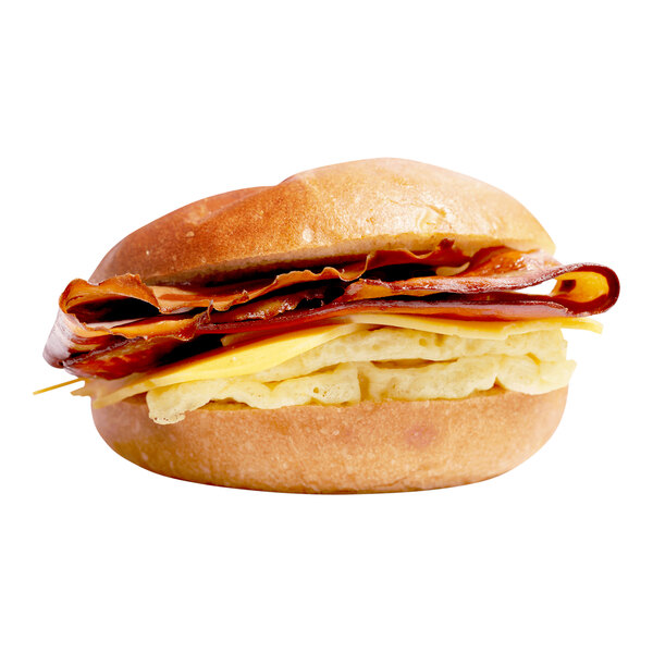 A breakfast sandwich with Prime Roots Vegan Koji-Bacon, eggs, and cheese.