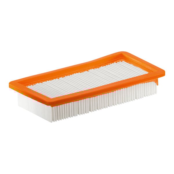 A close-up of a white and orange Karcher motor protective filter.
