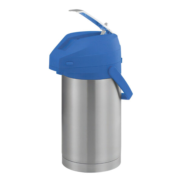 A stainless steel airpot with a blue top and lever.