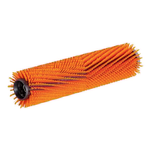 An orange and black Karcher cylindrical scrub brush with bristles.