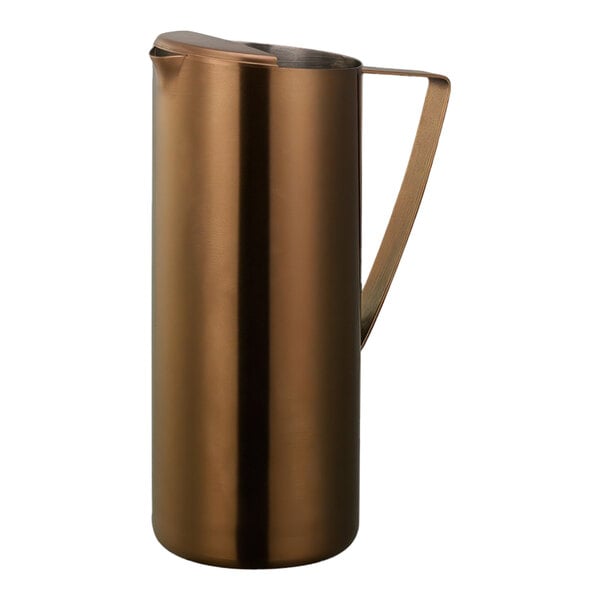 A close-up of a rose gold stainless steel pitcher with a guard.