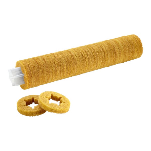 A yellow cylindrical scrub pad roll with two round pads.