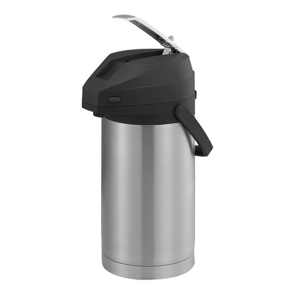 A stainless steel Service Ideas airpot with a black lid.