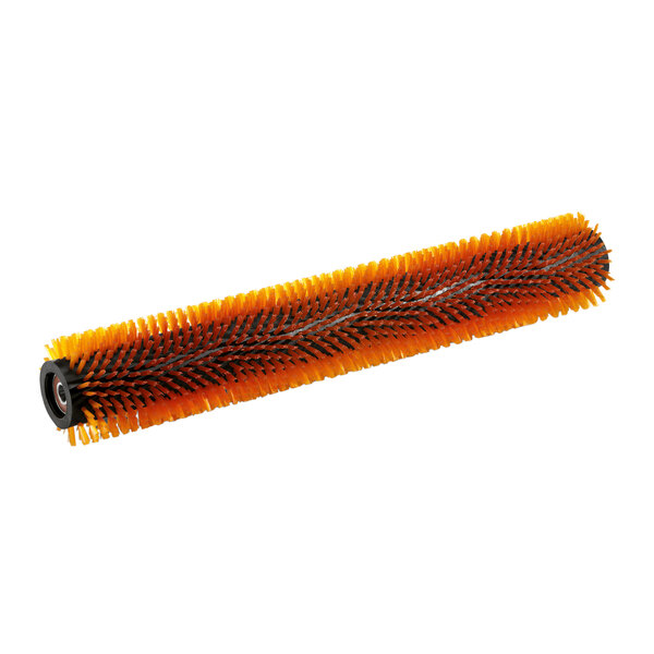 A close-up of a round orange and black cylindrical scrub brush with orange bristles.