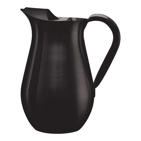 A black stainless steel pitcher with a handle and guard.