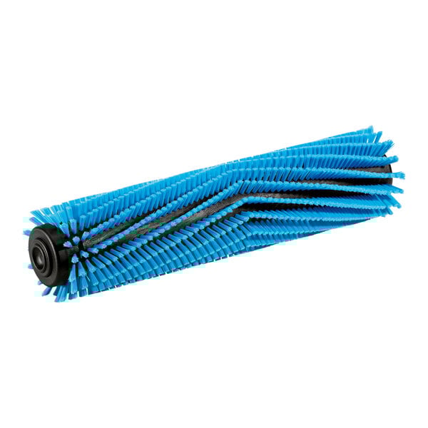 A blue Karcher cylindrical carpet scrub brush with black bristles.