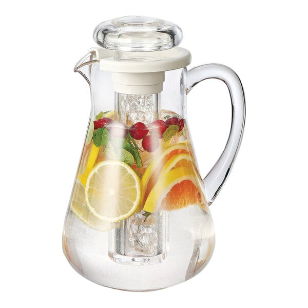 A Service Ideas round plastic pitcher with fruit and lemon slices in it.
