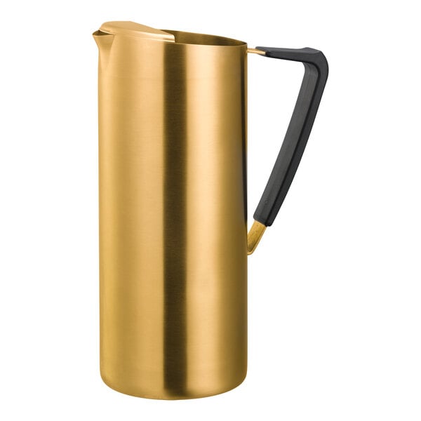 A gold stainless steel pitcher with a slim design and a black handle.