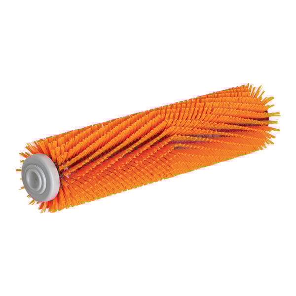 An orange Karcher cylindrical scrub brush with bristles.