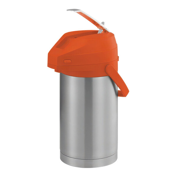 A stainless steel airpot with a brushed stainless steel exterior and orange top.