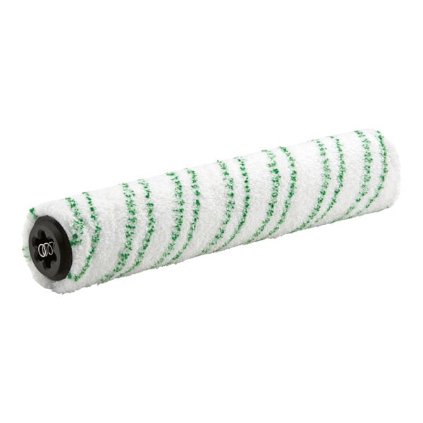 A white cylindrical microfiber scrub pad with green stripes.