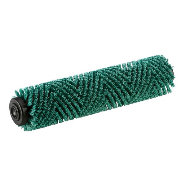 A green cylindrical scrub brush with black bristles.