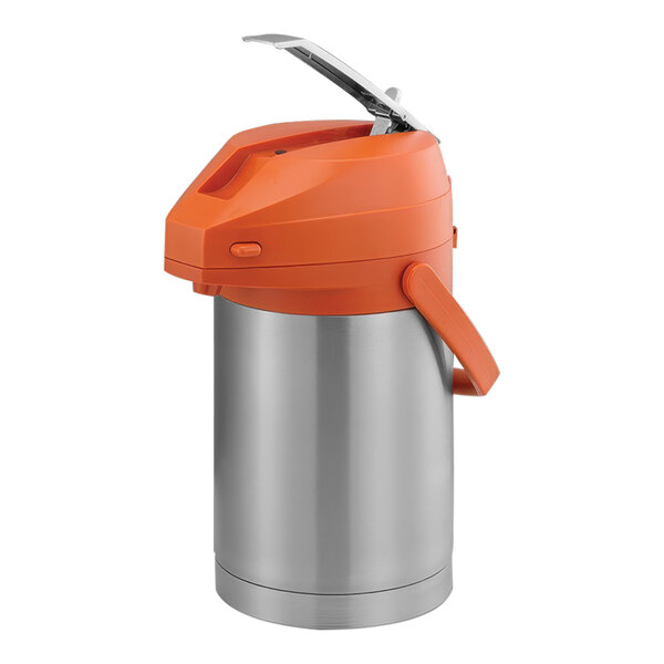 A stainless steel Service Ideas airpot with a brushed stainless steel finish and an orange lever top.