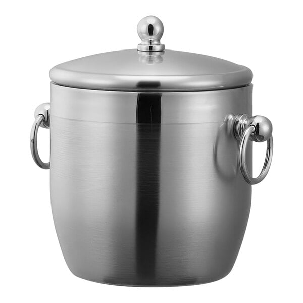 A brushed stainless steel Service Ideas hotel ice bucket with a handle and lid.