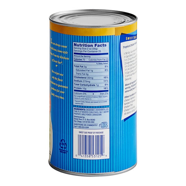 A close-up of a Sweet Sue Can of Boneless Chicken with a label.