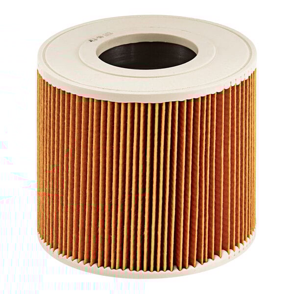 A close-up of a Karcher cylindrical dust filter with a white circle and a black center.
