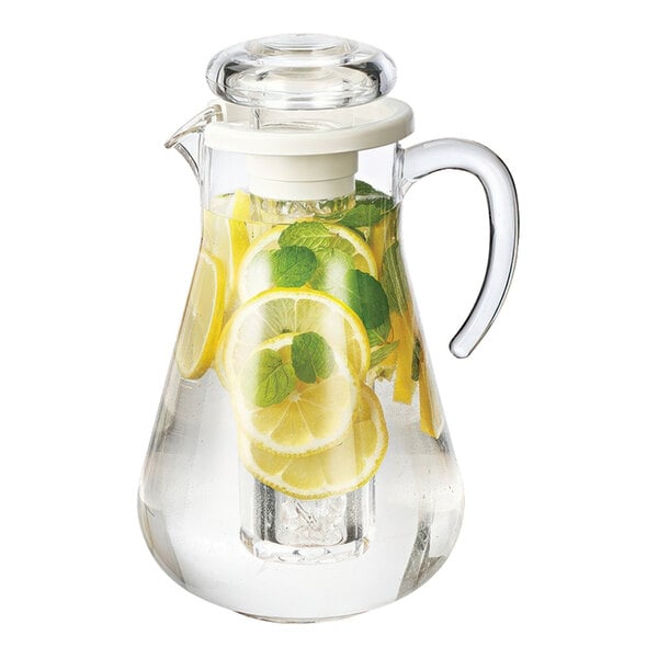A Service Ideas round plastic pitcher filled with water and lemon slices.