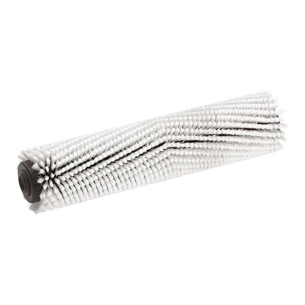 A close-up of a white Karcher cylindrical scrub brush with black bristles.