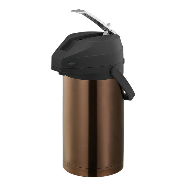 A stainless steel Service Ideas rose gold airpot with a black lid and lever.