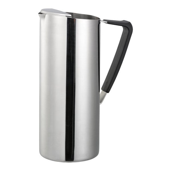 A slim polished stainless steel pitcher with a black handle and spout guard.